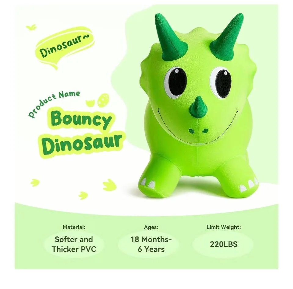 Overall, a green dinosaur-shaped bouncy toy with large eyes and horns, designed for children aged 18 months to 6 years, made of soft PVC, with a weight limit of 220 pounds.