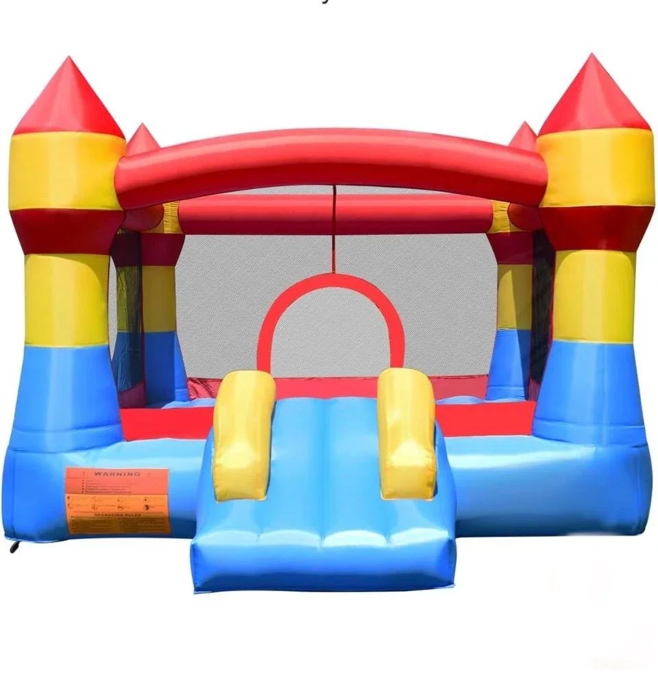 Colorful inflatable bounce house with a slide, designed to look like a castle, featuring red, yellow, and blue colors.