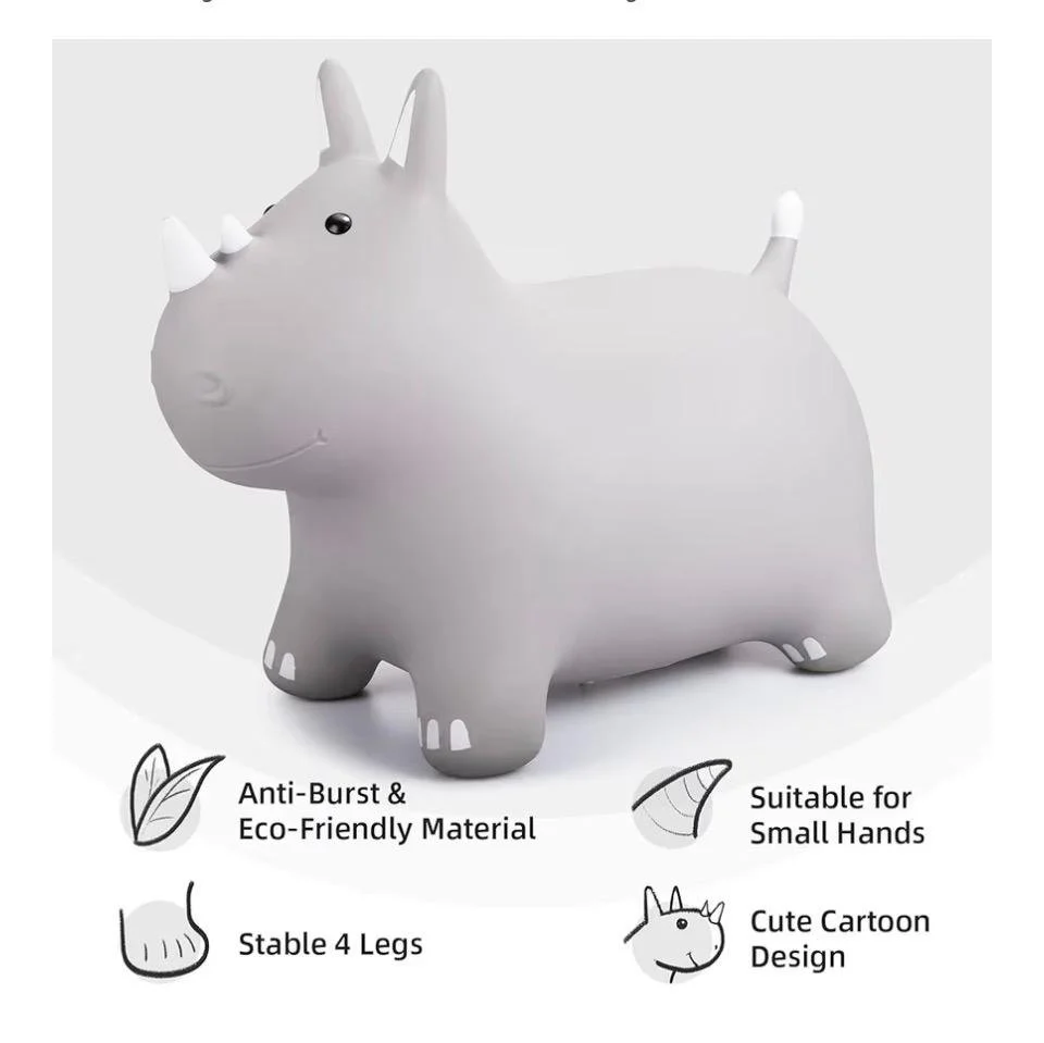 A gray inflatable hippo beach ball with cartoon features, suitable for small hands, made of eco-friendly, anti-burst material, with stable four legs and a cute cartoon design.