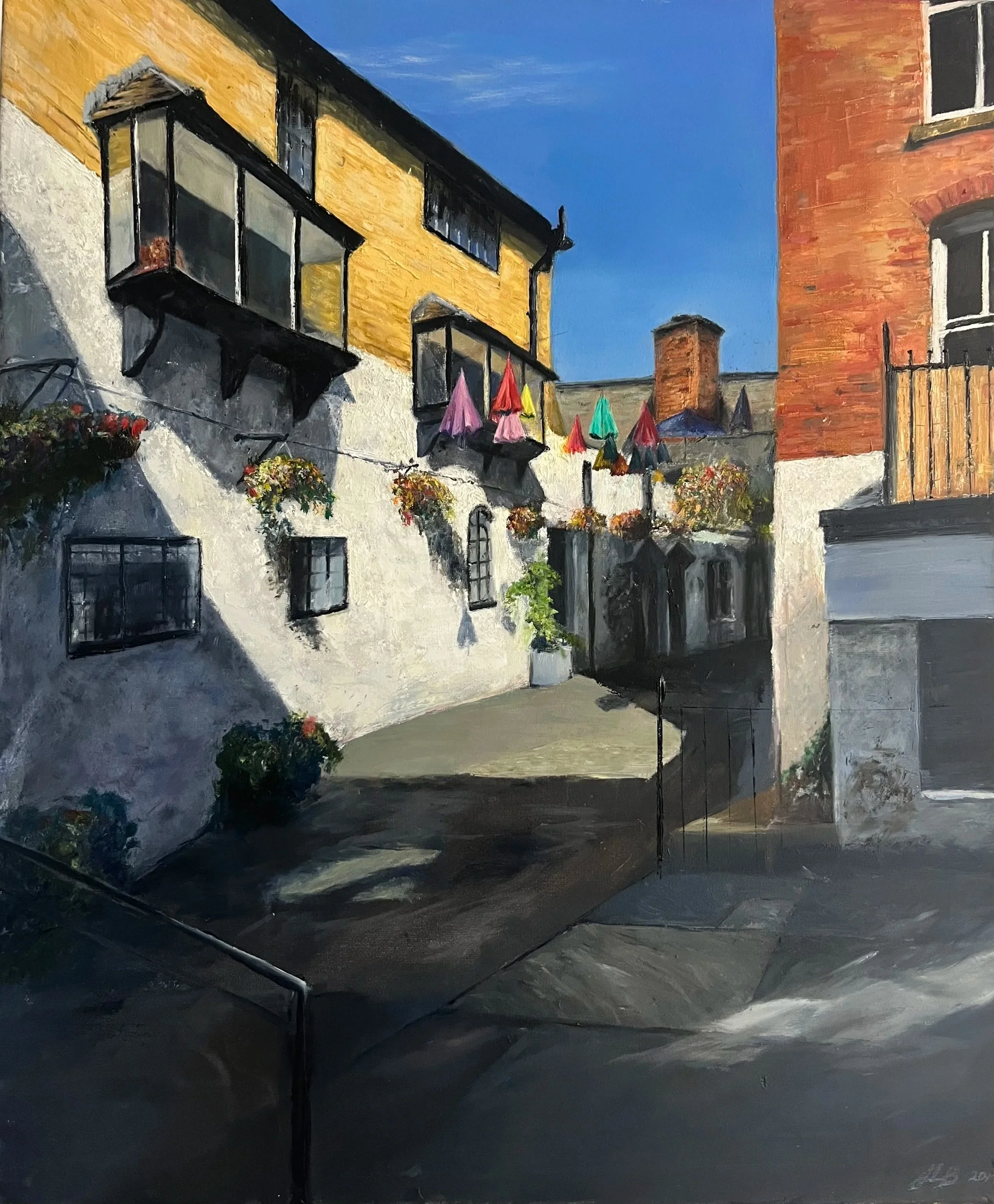 Umbrellas in the passageway, Oswestry, 2019. 500 x 600, Oil on canvas. 