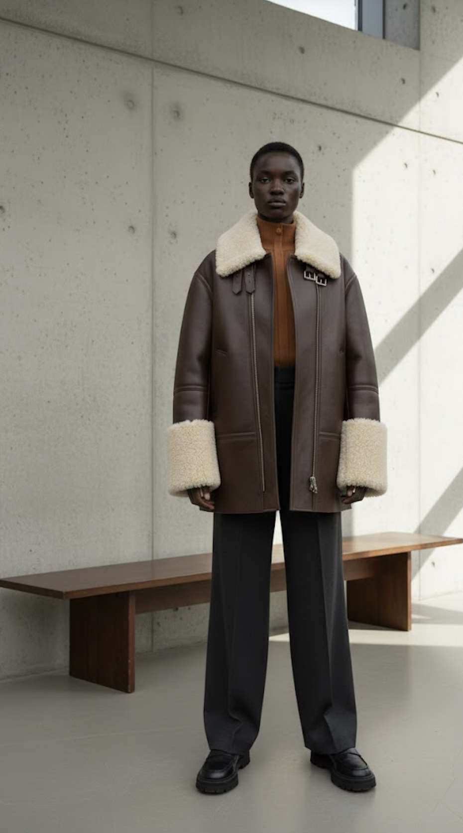 Person standing indoors wearing a brown shearling-lined leather jacket, brown turtleneck, black trousers, and black shoes, in front of a concrete wall with a wooden bench nearby.