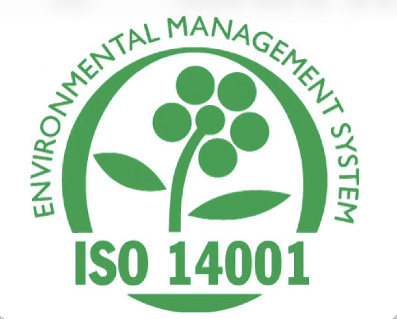 Green logo with a circle and a stylized plant with seven round berries and two leaves, with the text "Environmental Management System ISO 14001" encircling the plant.