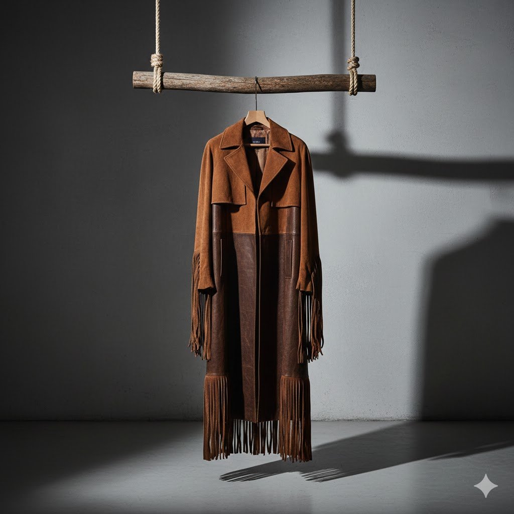 Brown leather and fabric coat with fringe details hanging from a wooden hanger and support, casting shadows on a gray wall.