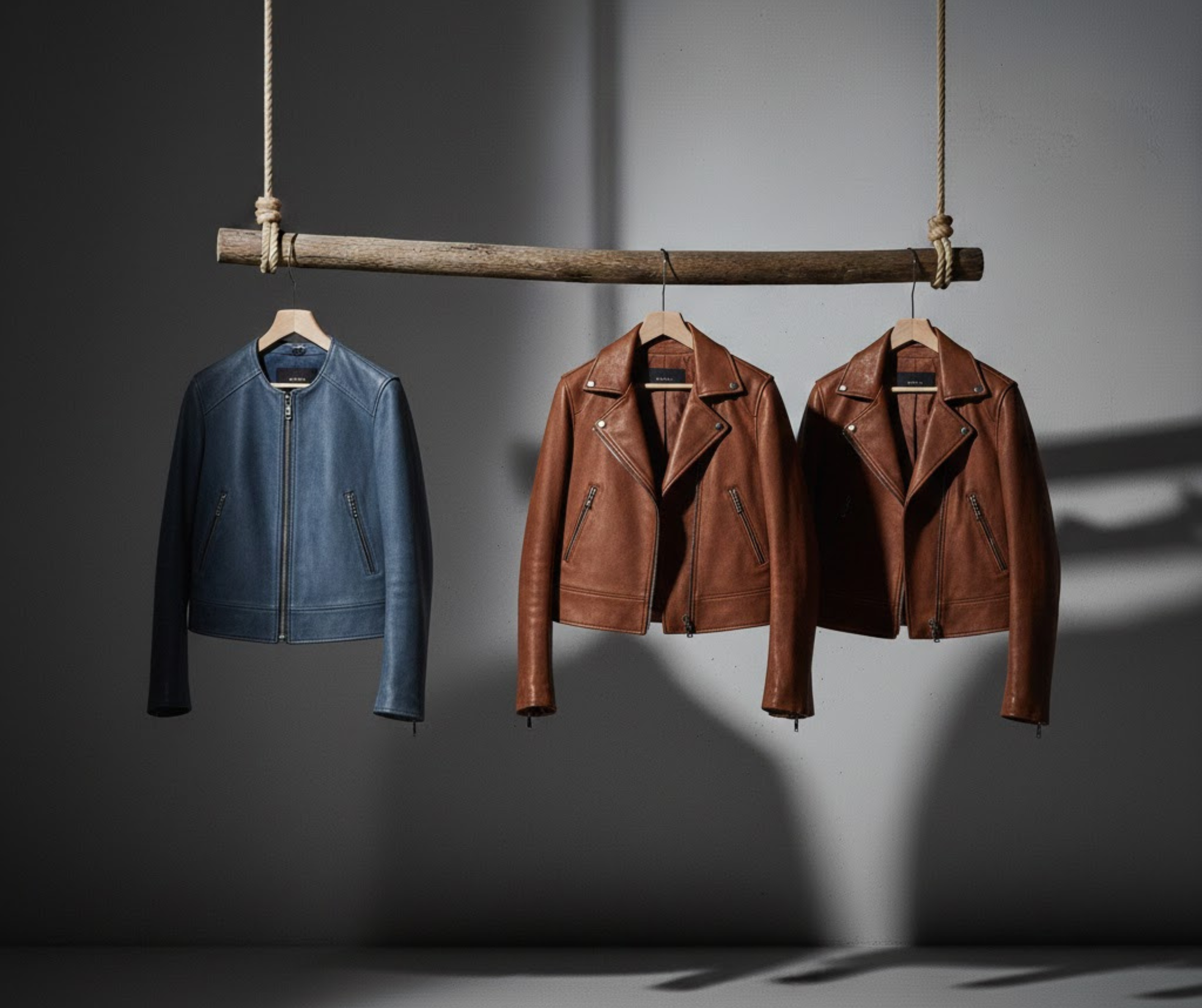Three leather jackets hanging from a wooden hanging rod against a gray wall, with shadows cast behind them.