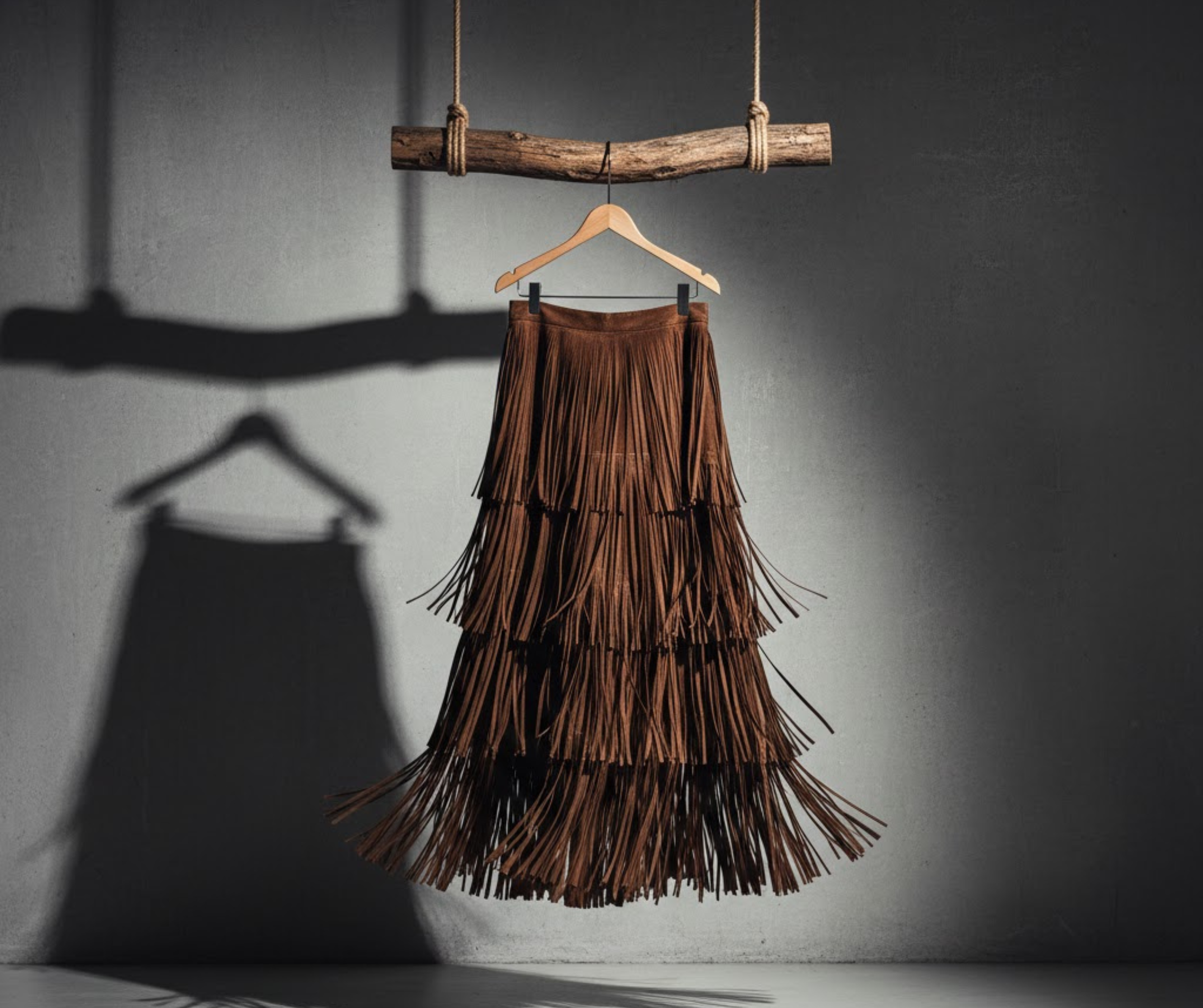 Brown layered fringe skirt hanging on a wooden hanger against a gray wall, with a shadow cast on the wall.
