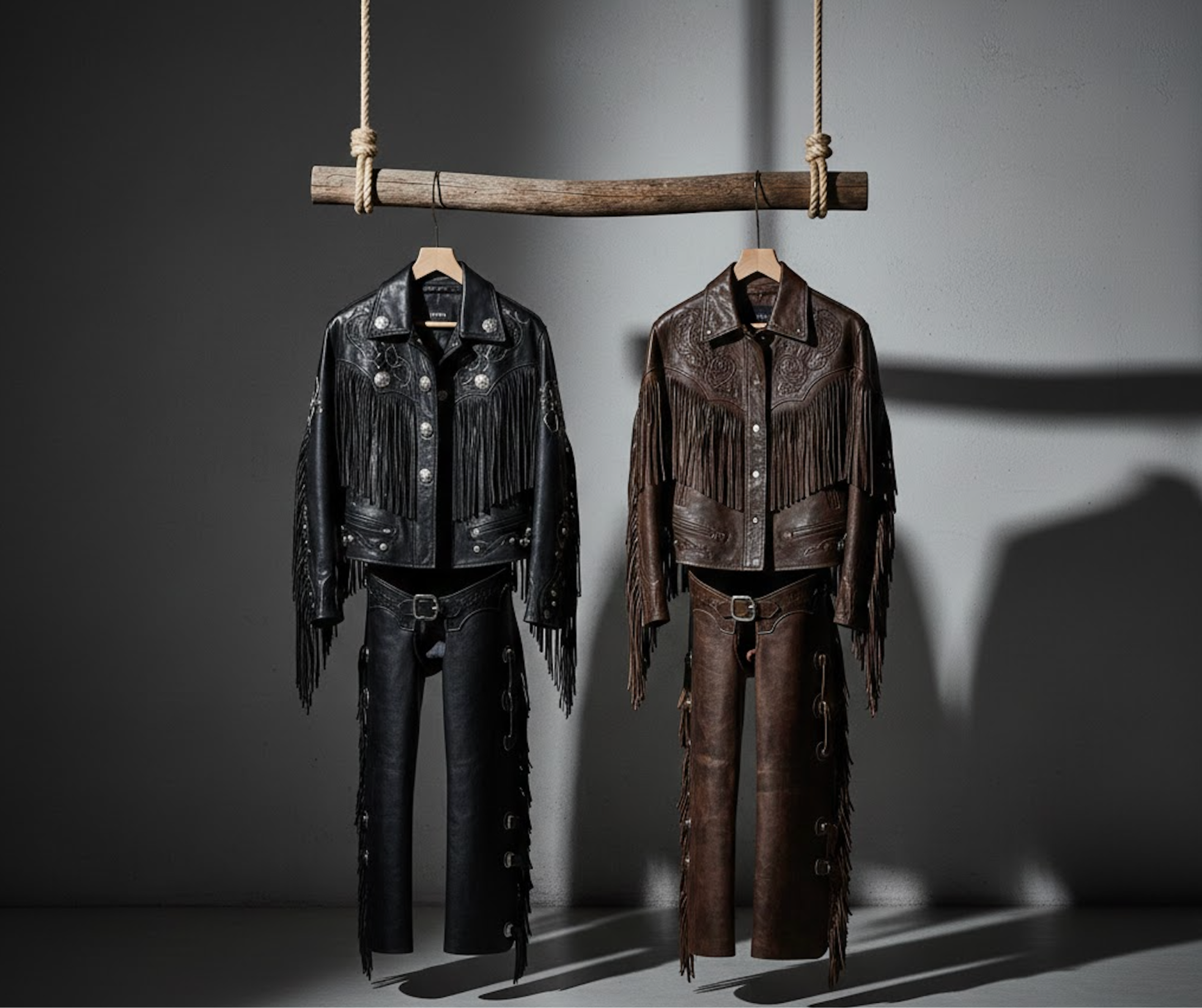Black and brown leather fringe western jackets and pants hanging on wooden hangers from a wooden rod.