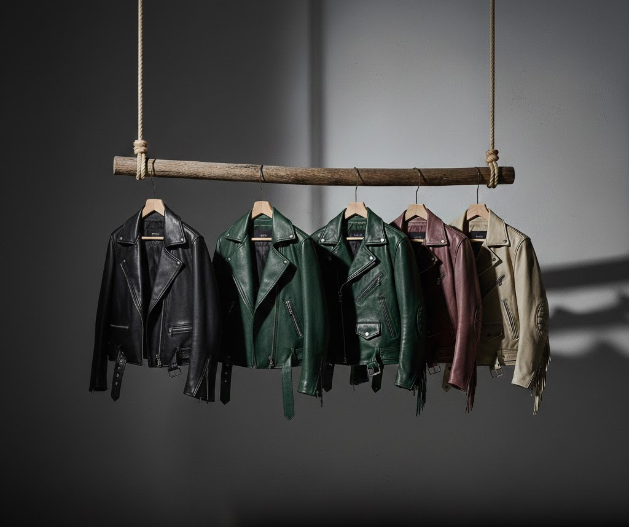 Five leather jackets hanging from a wooden rod suspended by ropes against a gray background.