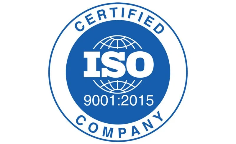 ISO certification badge for a company, indicating ISO 9001:2015 standards.