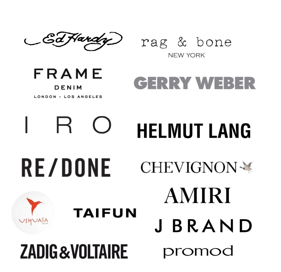 Collection of various fashion brand logos in different fonts and styles.