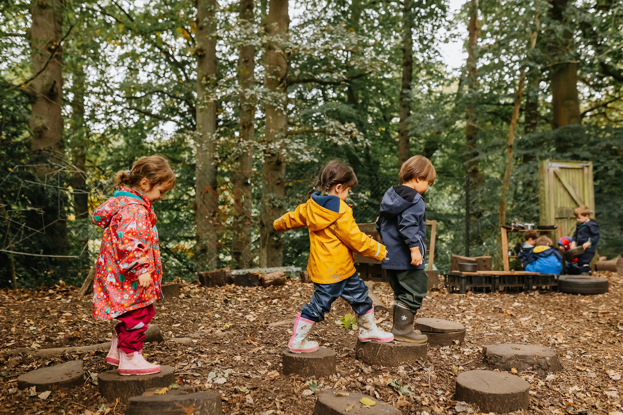 Children playing outdoors in a forested area, walking along logs placed on the ground, with trees and a wooden fence in the background.