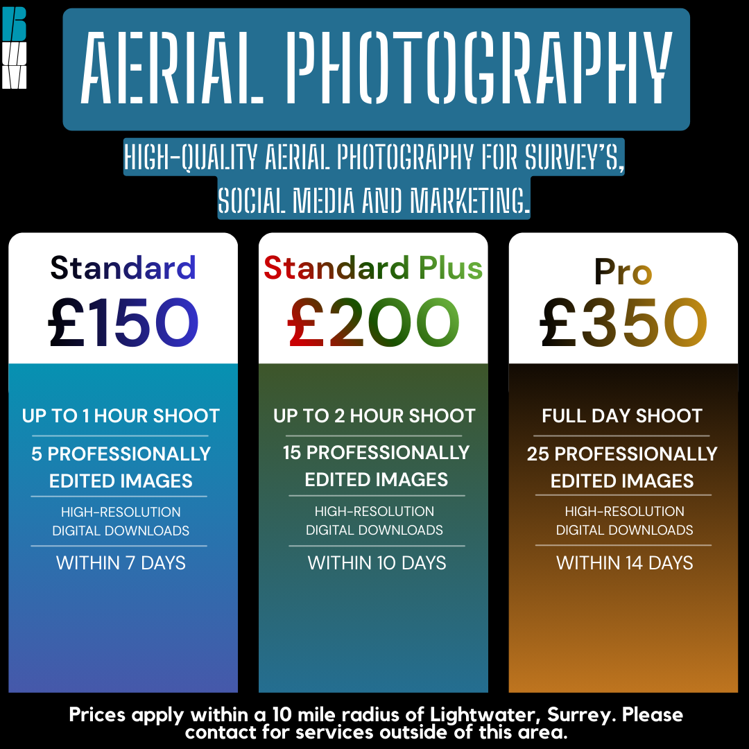 A pricing chart for aerial photography services from Lightwater, Surrey. It details three packages: Standard (£150, up to 1 hour shoot, 5 edited images, delivery within 7 days), Standard Plus (£200, up to 2 hours, 15 images, within 10 days), and Pro (£350, full day, 25 images, within 14 days). The offer applies within a 10-mile radius.