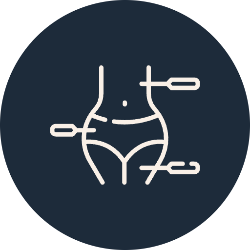 Line drawing of a woman's waist and hips with four arrows pointing at different areas of her body, possibly indicating targeted treatment or focus points.