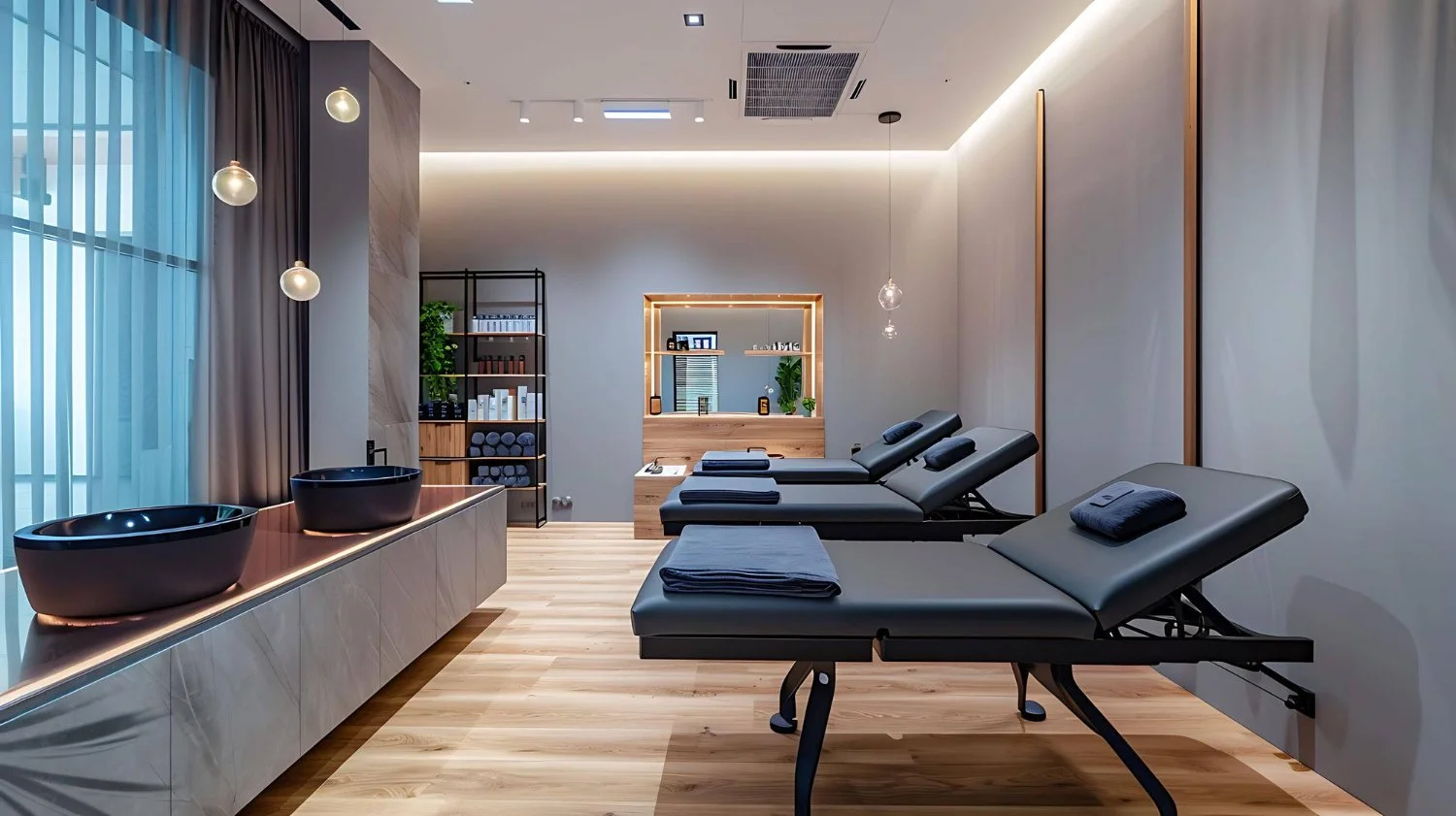 A modern spa treatment room with three black reclining massage chairs, each with a folded towel, facing a mirror with a wooden frame. To the left, there are two black washbasins on a white marble counter. A shelf with towels and decorative items is visible in the background. The room has wooden flooring, gray walls, and contemporary lighting fixtures.