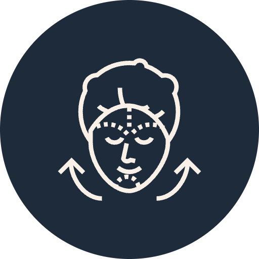 Simple line drawing of a person's face with arrows pointing inward from both sides, indicating massage or facial treatment.