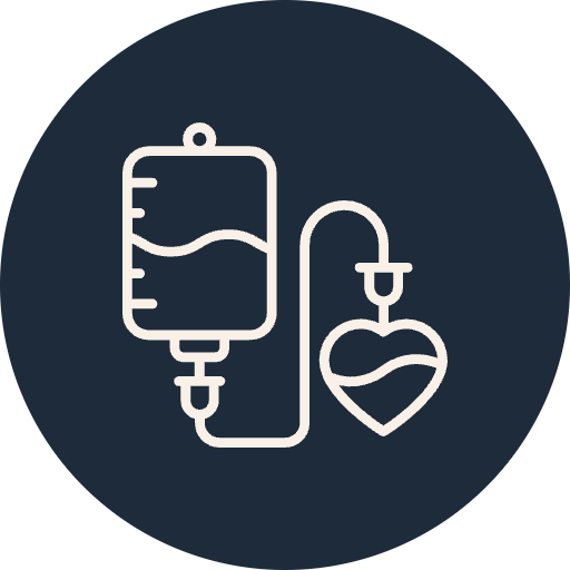 Icon of a medical IV drip bag connected to a heart-shaped container.
