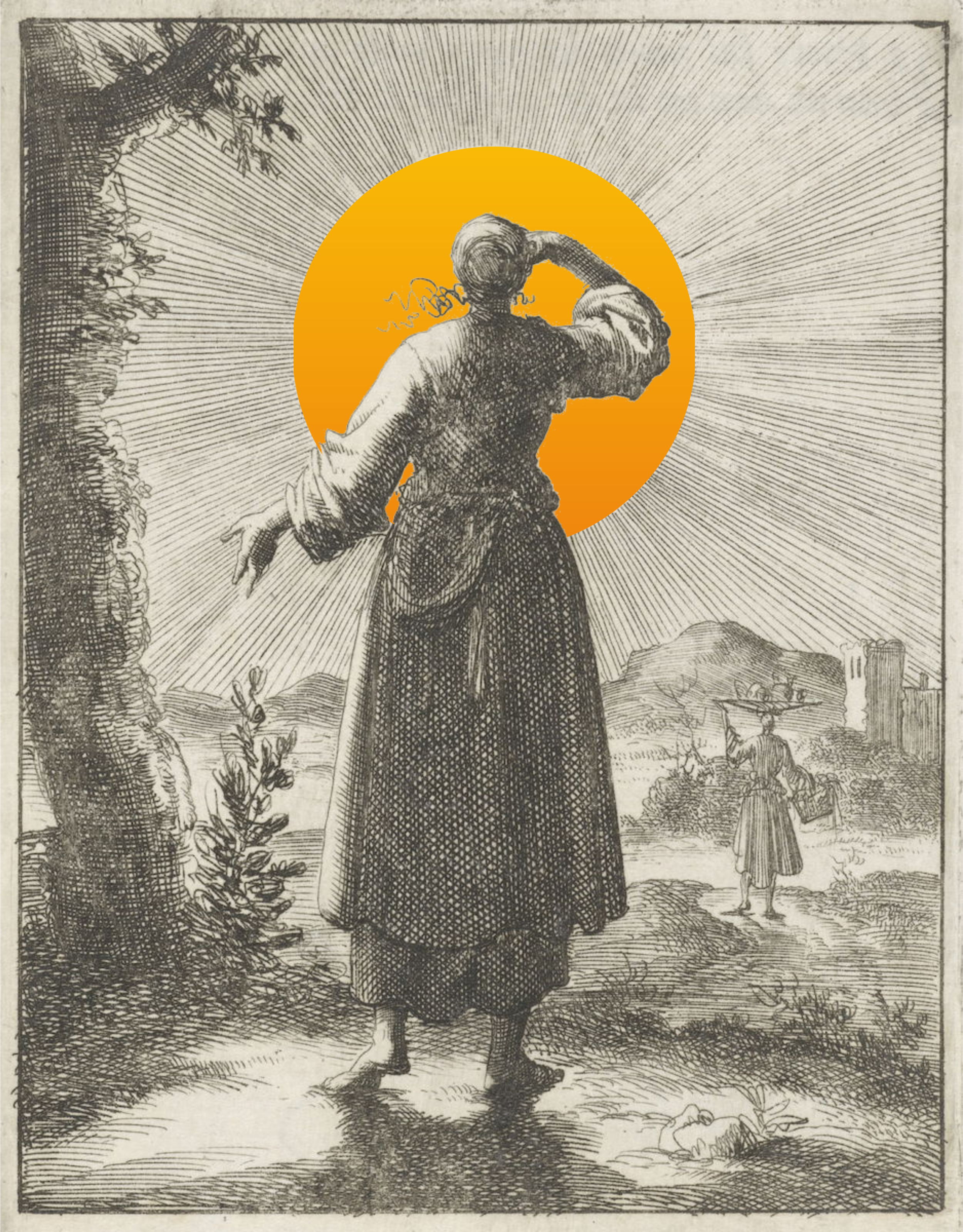 A vintage engraving of a woman standing outdoors, looking into the distance with a hand raised to her head, with a large orange circle behind her head, and a smaller woman carrying a basket in the background, with a castle and a waterfall in the distance.