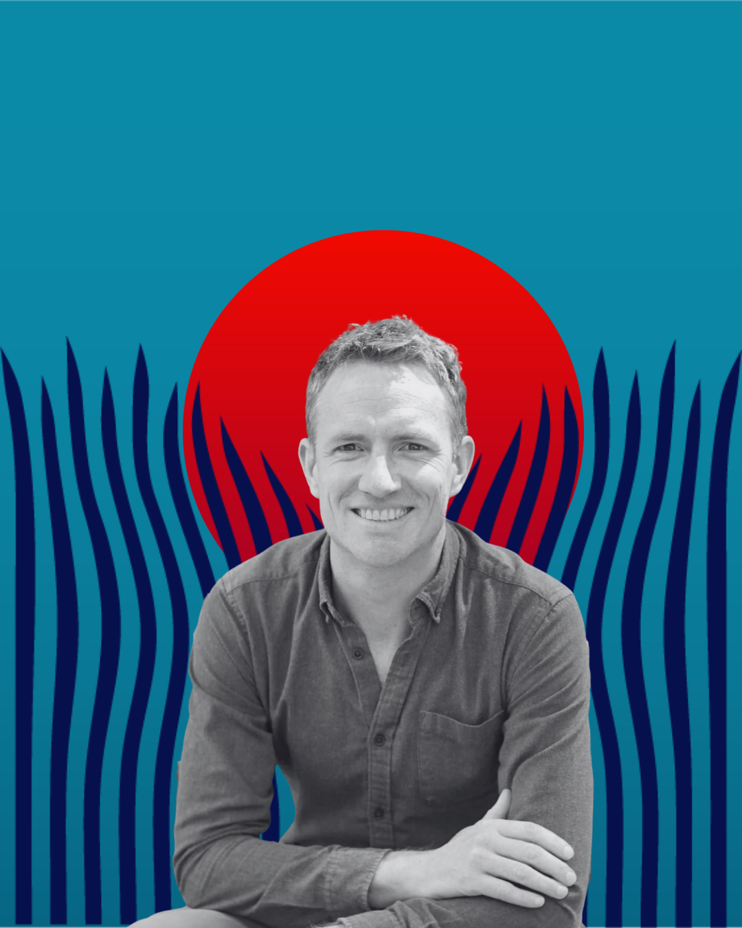 A smiling man with short hair, wearing a casual button-down shirt, sitting with his arms crossed in front of a background with a red circle and blue wavy lines.
