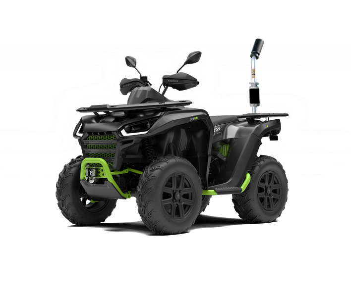 Electric all-terrain vehicle with black and green accents, four large tires, and a handlebar for steering.