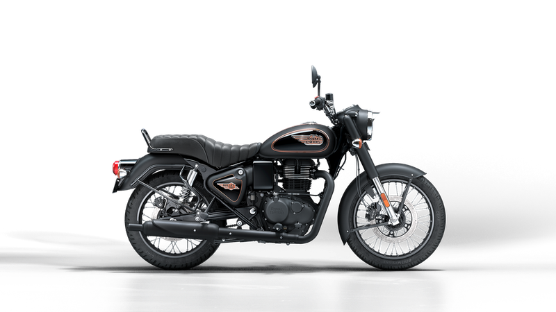 Black Royal Enfield motorcycle with small orange accents on a black background.