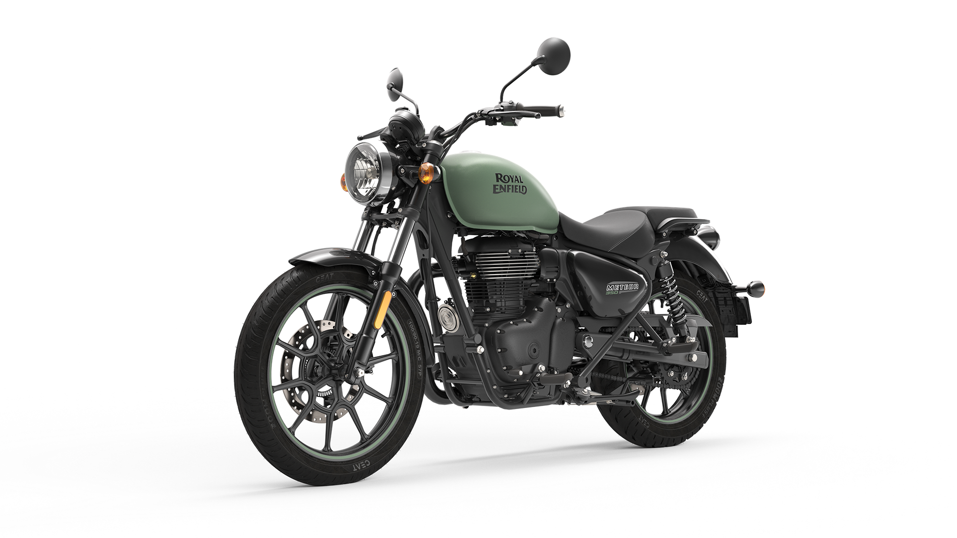 A Royal Enfield Meteor 350 motorcycle with a matte olive green fuel tank, black frame, and black engine, viewed from the front-left side.