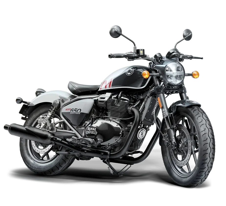 Black and white royal enfield motorcycle with a single seat and chrome accents.