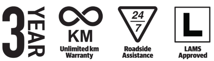 Icons indicating a 3-year warranty, unlimited km warranty, roadside assistance 24/7, and LAMS approval.