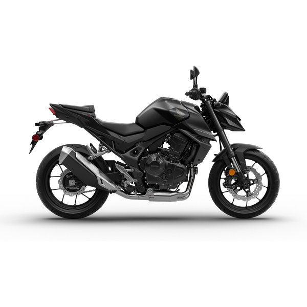 Black modern motorcycle with a matte finish, equipped with a prominent exhaust pipe and styled for street riding.