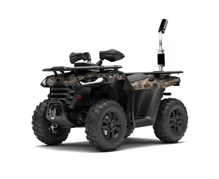All-terrain vehicle with a camouflage pattern on the body, mounted with electronic equipment and a camera on a pole, designed for outdoor exploration or camera operation.