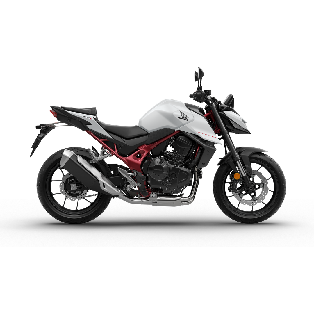 A modern Honda motorcycle with a white fuel tank, black seat, and red frame, featuring black and silver accents.