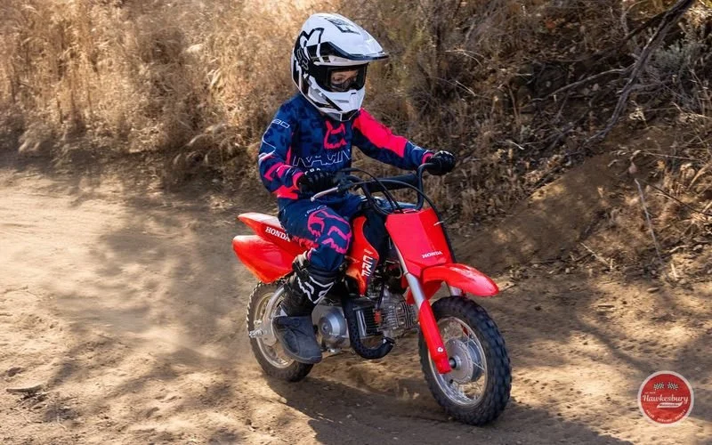 A young child riding a small red Honda dirt bike on a dirt trail, wearing a white helmet and motocross gear.