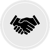 Black handshake icon on a gray circular background