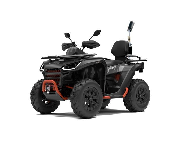Electric all-terrain vehicle (ATV) with a black and orange color scheme, large off-road tires, handlebar controls, and a small front bumper.
