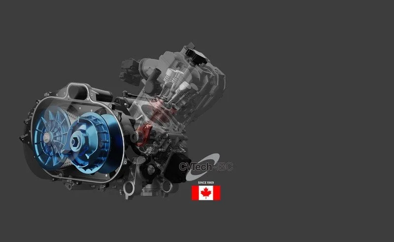 Illustration of a car engine with visible internal components and cooling system, logo of CVTech-IBC, Canadian flag, and text indicating since 1969.