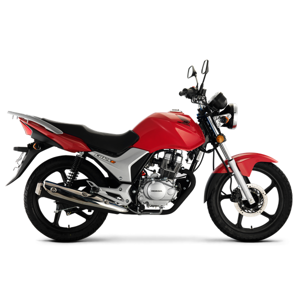 Red Honda cruiser motorcycle with black seat and silver engine components, positioned to the right on a gray background.