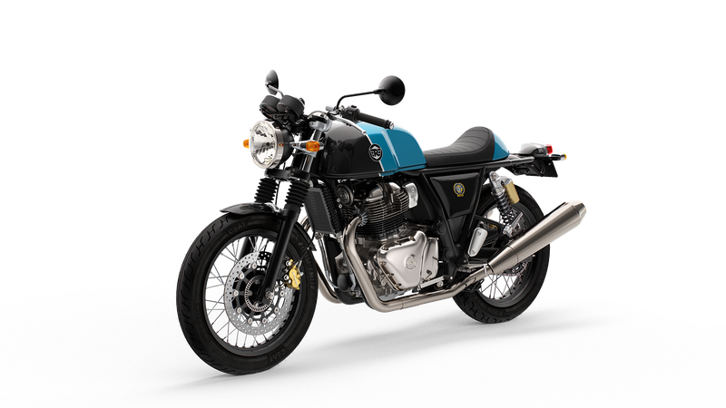 Black and teal vintage-style motorcycle with chrome exhaust and front wheel, isolated on white background.