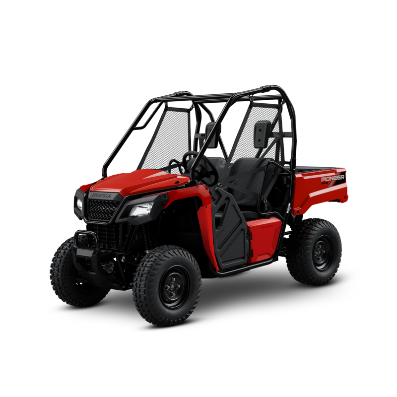 Red utility vehicle with black tires, enclosed cabin, and cargo bed at the back, branded with Pioneer on the side.