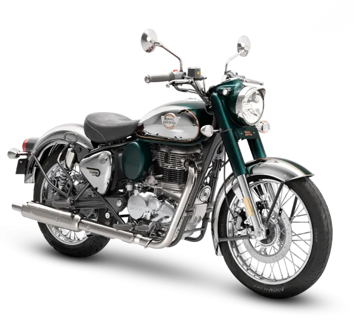 A classic Royal Enfield motorcycle with green and silver bodywork, chrome accents, large headlight, and black seat.