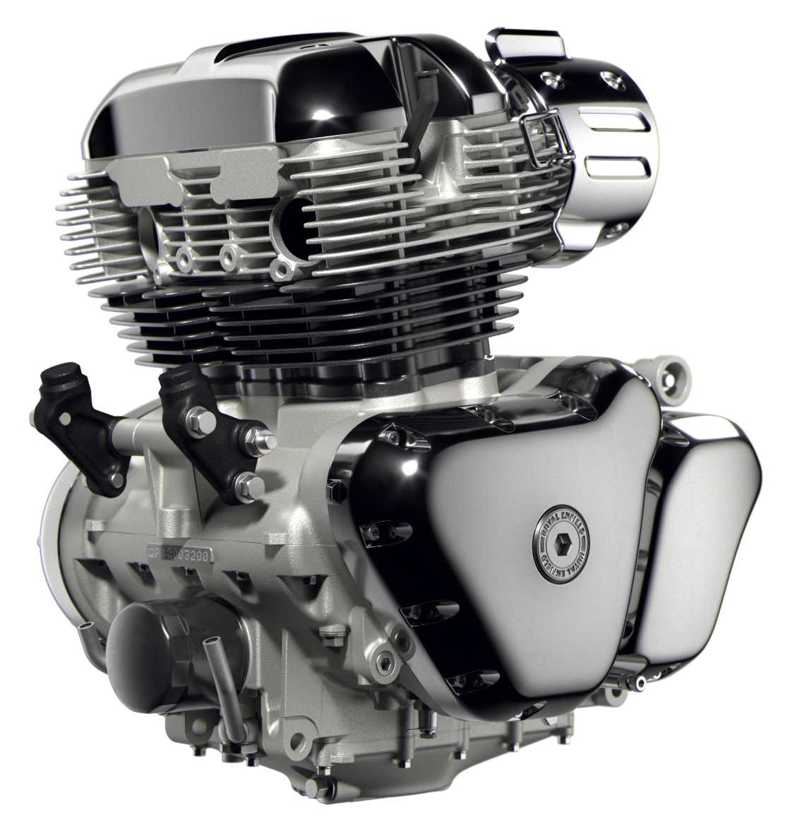 A detailed shot of a silver and black motorcycle engine with cooling fins and mechanical parts on a black background.