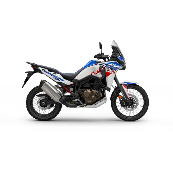 A blue, white, and black adventure motorcycle with red accents, featuring a large front windshield, knobby tires, and a rugged design.