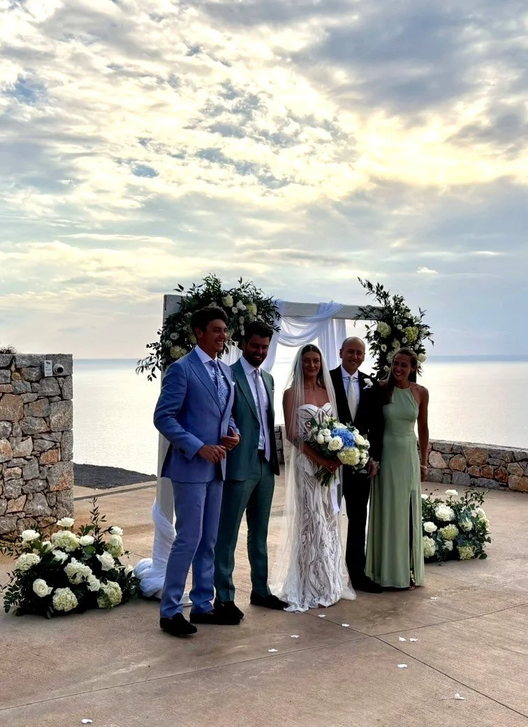 Luxury private event in Mani, Peloponnese Greece with sea view ceremony setup at sunset