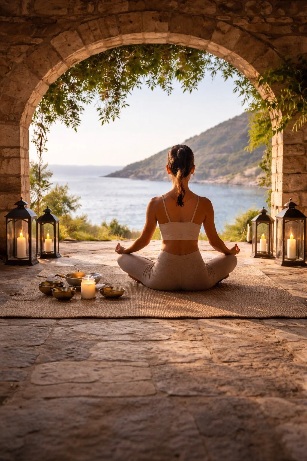 uxury yoga experience in Mani Greece at sunset with small group by the sea