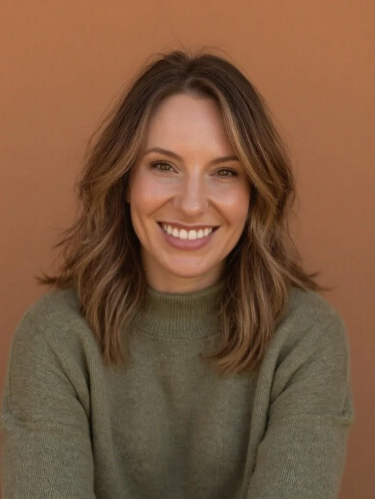 A woman with shoulder-length wavy brown hair, smiling and wearing a green sweater, sitting against a brown background.