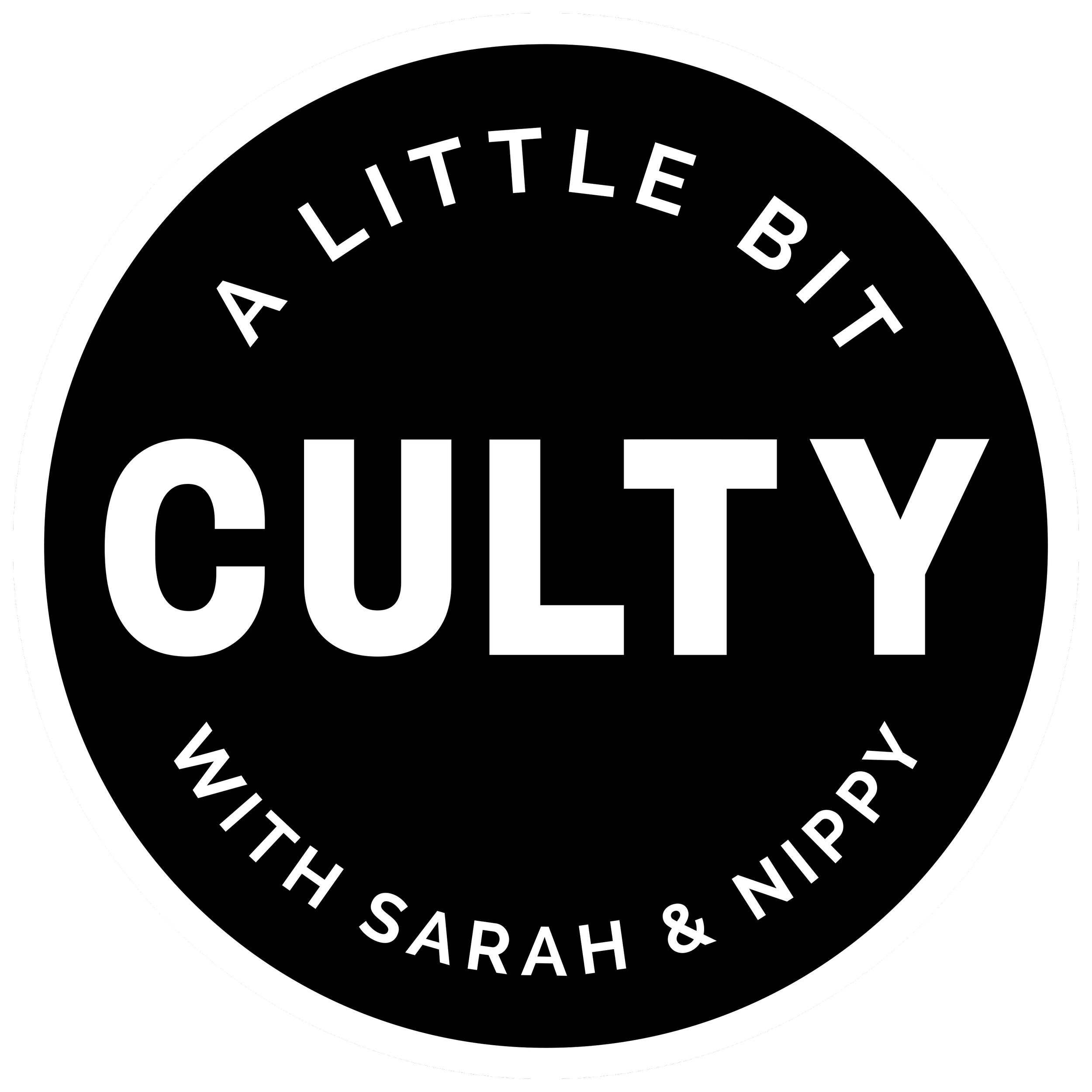 Close-up of a circular black badge with white text that reads 'A Little Bit Rich & Sara &'.