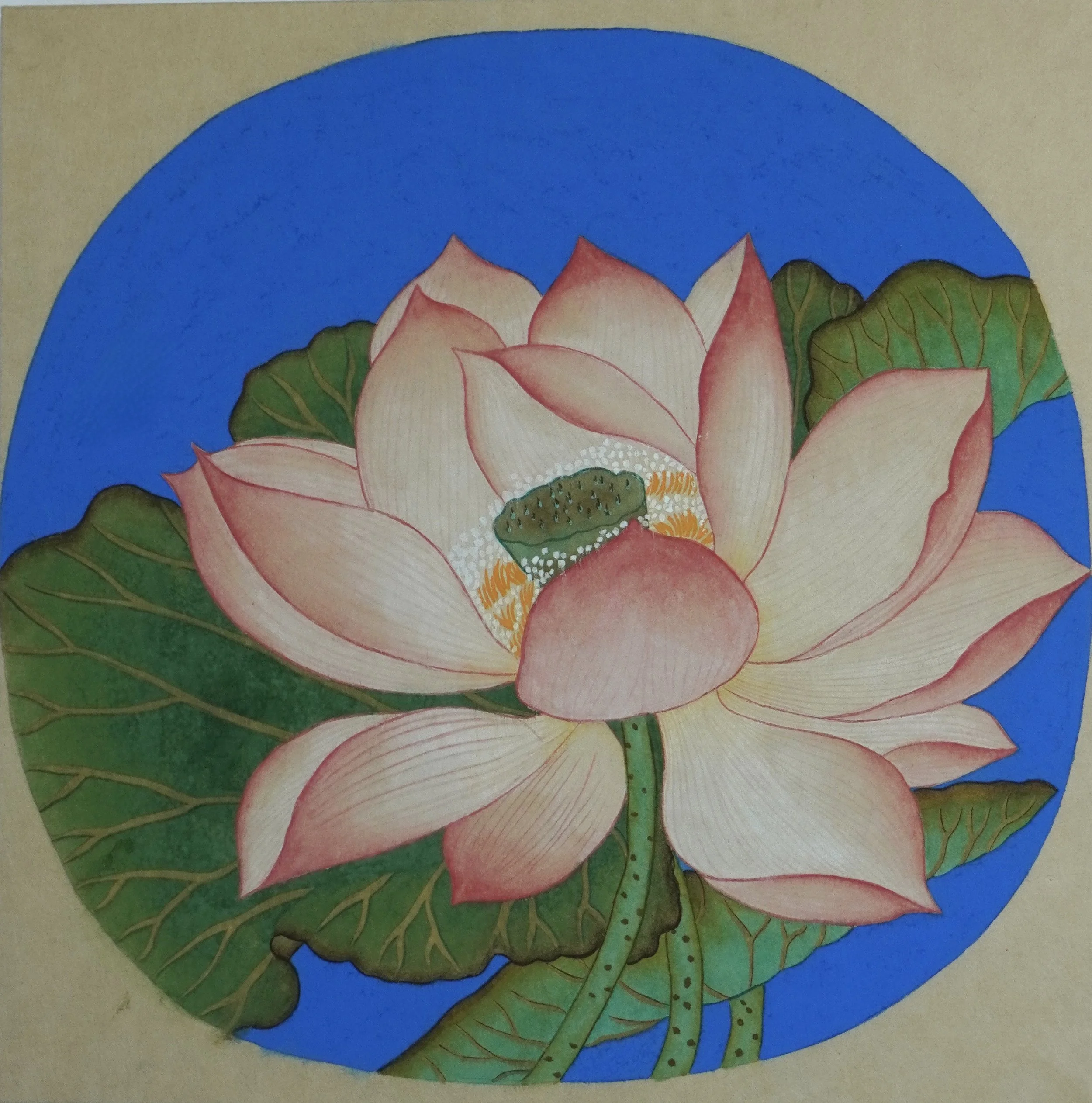 A study of ‘Lotus out of Water’ (出水芙蓉圖) on hanji, originally by Wu Bing, Southern Song Dynasty, 12th century. This circular fan painting on silk represents the peak of academic realism and symbolises longevity and vitality.