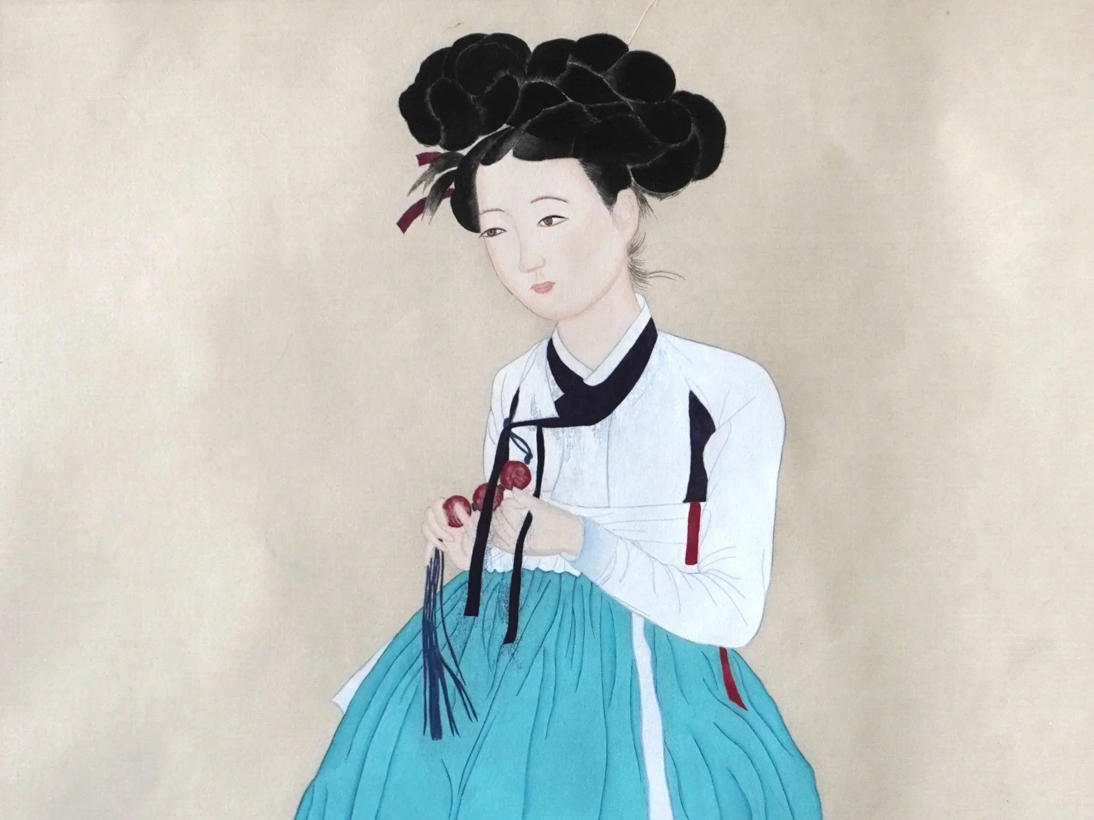 A study of Miindo (미인도 - Portrait of Beauty), a painting by Sin Yun-bok (ca. 1758 - after 1813); technical guidance by Kim Ye-un at Studio Yen. 

While Miindo traditionally represents the pinnacle of Joseon aesthetic beauty, modern interpretations of