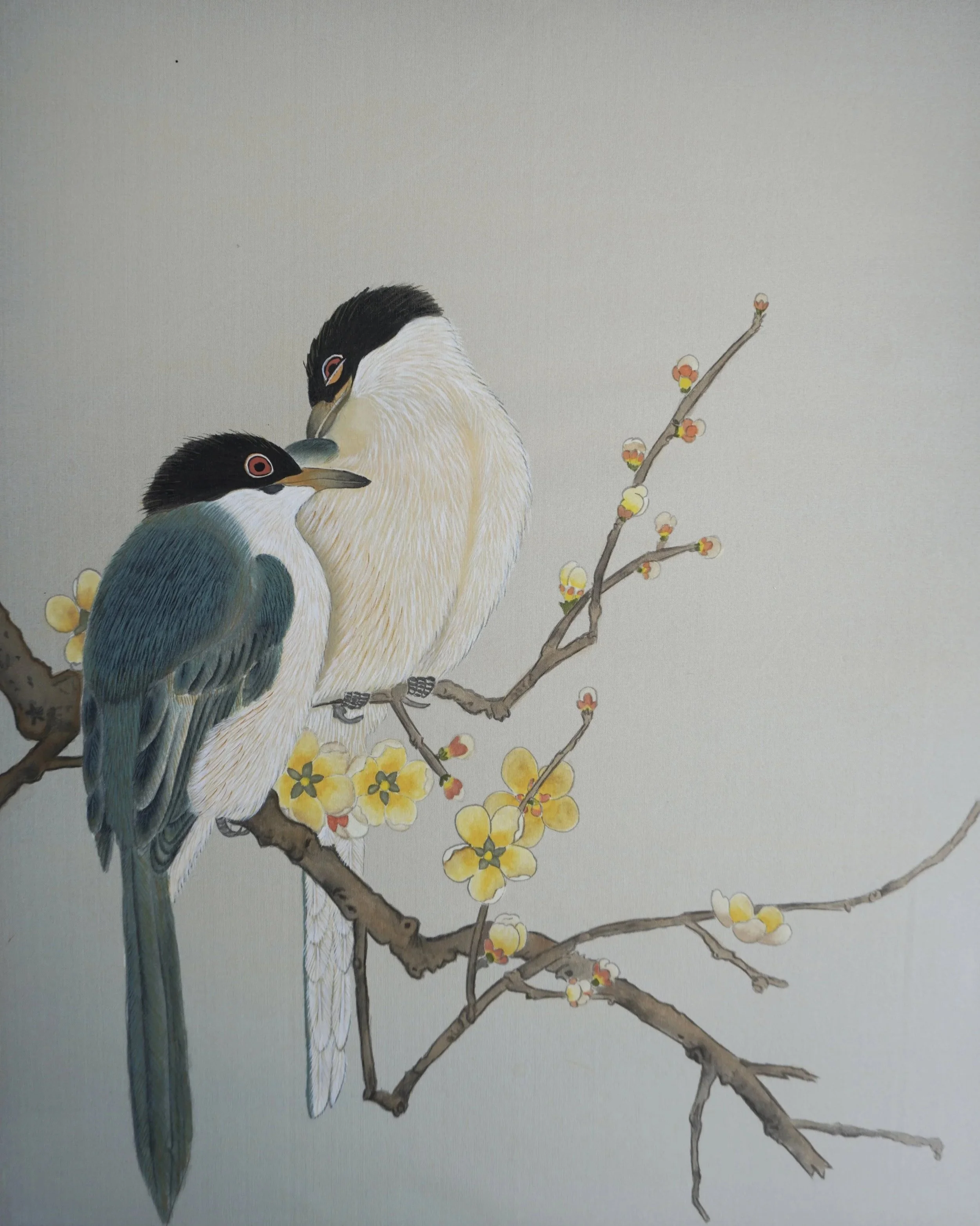 A study of 'Birds on a Plum Branch' (매작도) on silk, based on an anonymous masterpiece from the Chinese Song Dynasty (10th–13th Century). 

This piece symbolizes enduring love and the arrival of spring. Based on the Gongbi-hwa curriculum by Li Gang (Vo