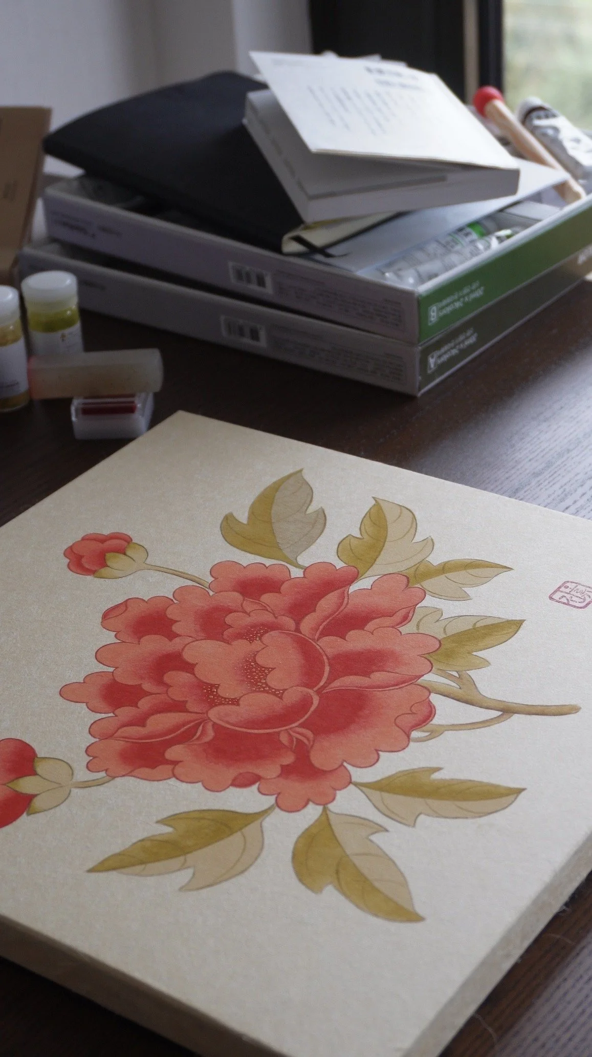 Original painting of peony on hanji paper, 2026. Known as the "King of Flowers," the peony is the ultimate symbol of wealth, high social status, and prosperity in Korean art. It was historically used in royal court screens to represent the dignity an