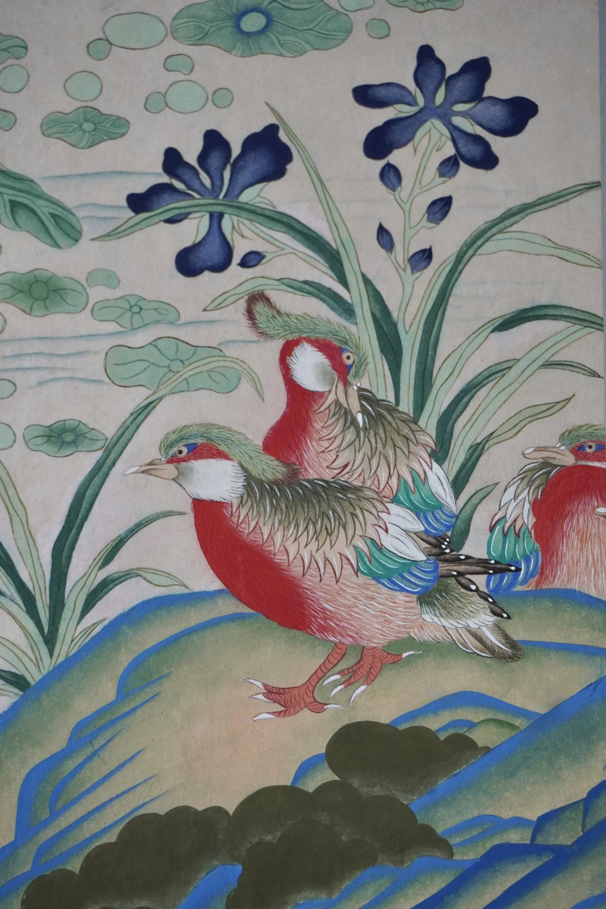 Yeonjido (연지도) – Lotus Pond

A study on hanji paper; technical guidance by Bae Song-Yi at Hongdae Minhwa. Based on a 19th-century anonymous masterpiece.

Symbolising purity, fertility, and family harmony, the Lotus Pond is a cornerstone of traditiona