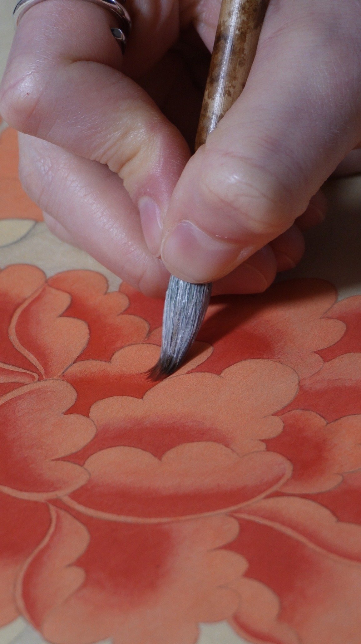 Original painting of Peony on hanji paper, 2026.  Known as the "King of Flowers," the peony is the ultimate symbol of wealth, high social status, and prosperity in Korean art. It was historically used in royal court screens to represent the dignity a