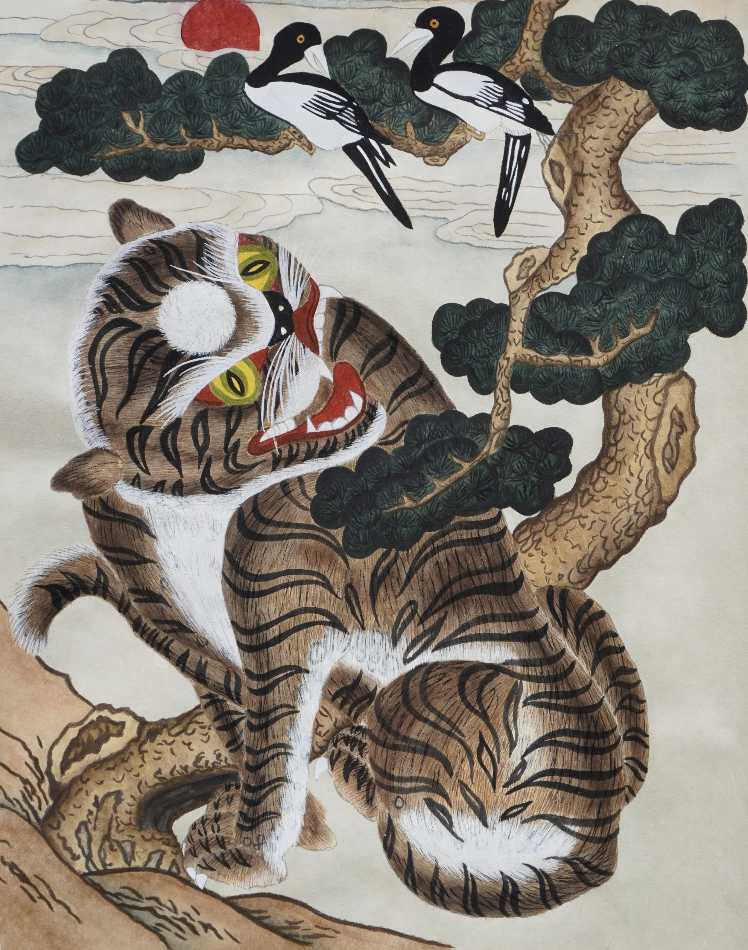 A study of Hojakdo (호작도) on hanji paper, originally by the Unknown Artist, 19th century. 

It symbolises protection from evil and the arrival of good news.